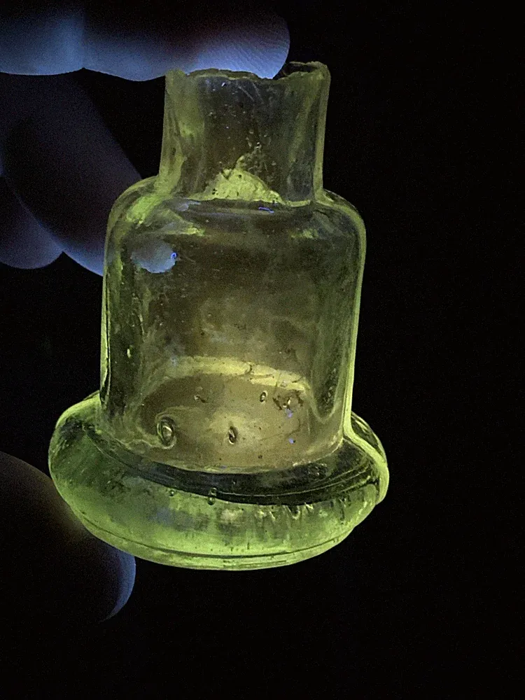 ANTIQUE Aqua Green UV GLOW Ink Bottle With Sheared Neck Rough Acorn Bell Shaped