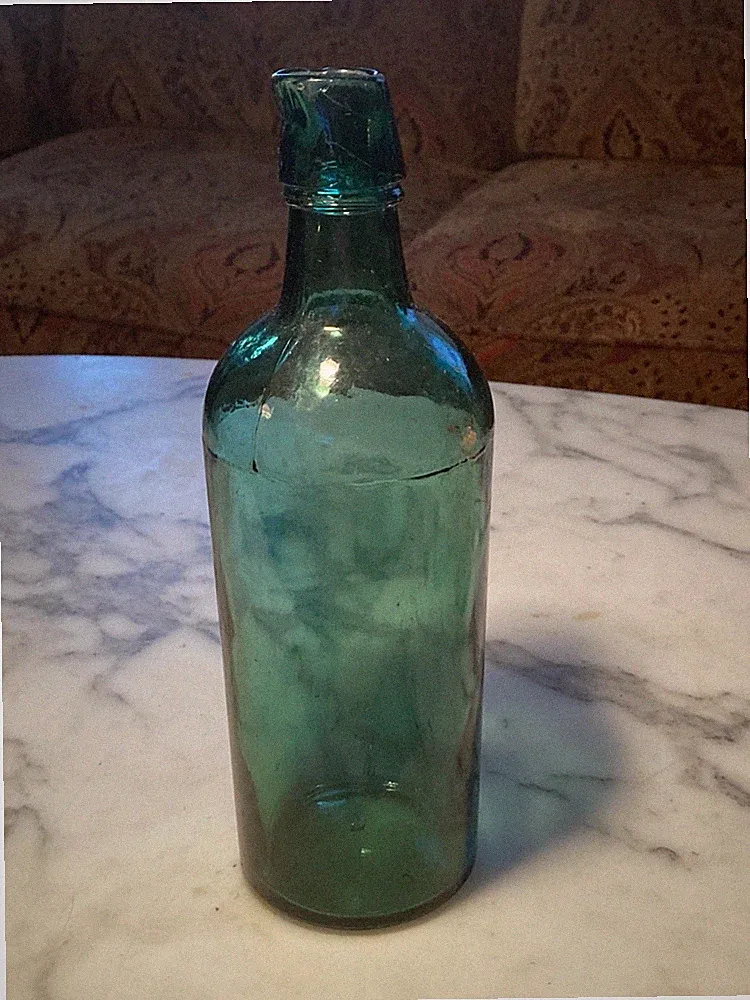 c1880s Teal Green Cork Top 3 piece mold blown glass Master Ink Utility Bottle