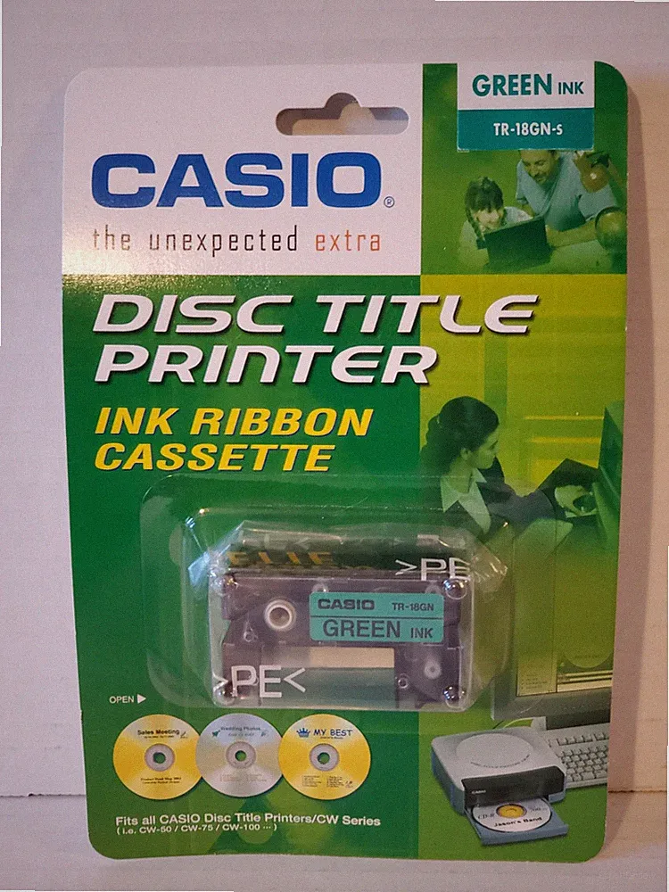 Casio TR-18GN-S Green Ink Disc Title Printer Ink Ribbon Cassette New