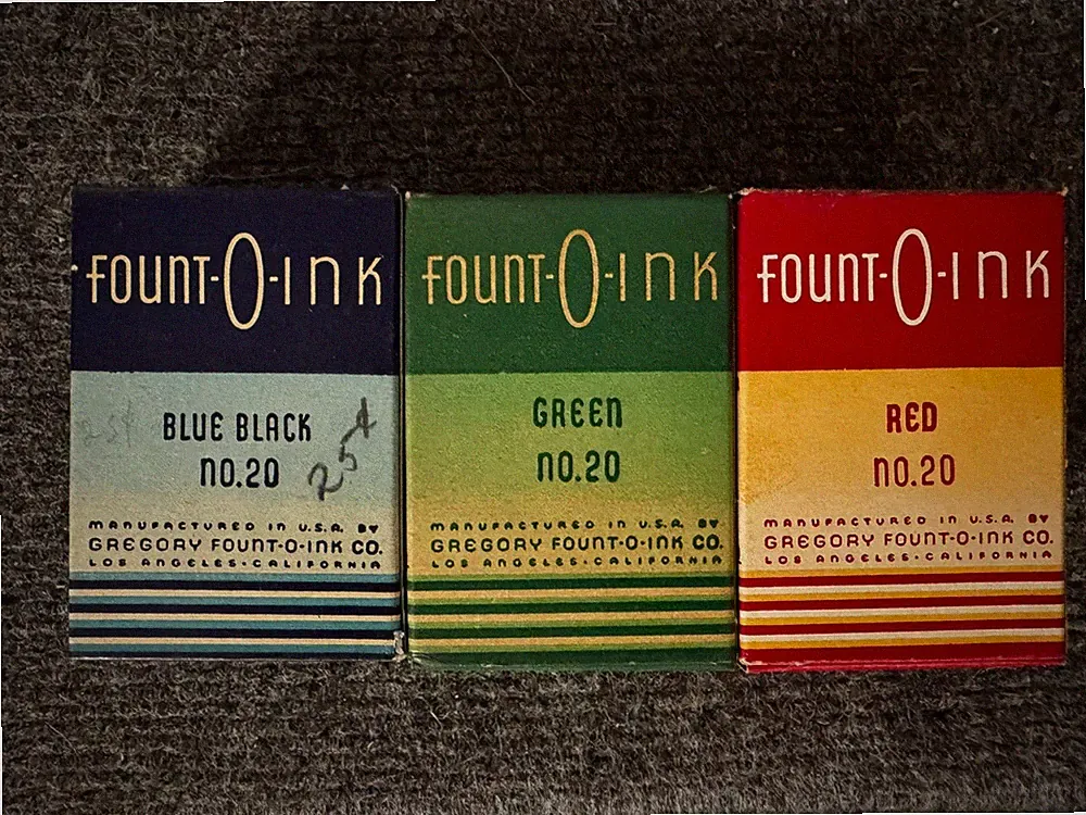 Lot of 3 Art Deco Gregory Fount-O-Ink Ink Bottle with Box, Blue, Green, Red