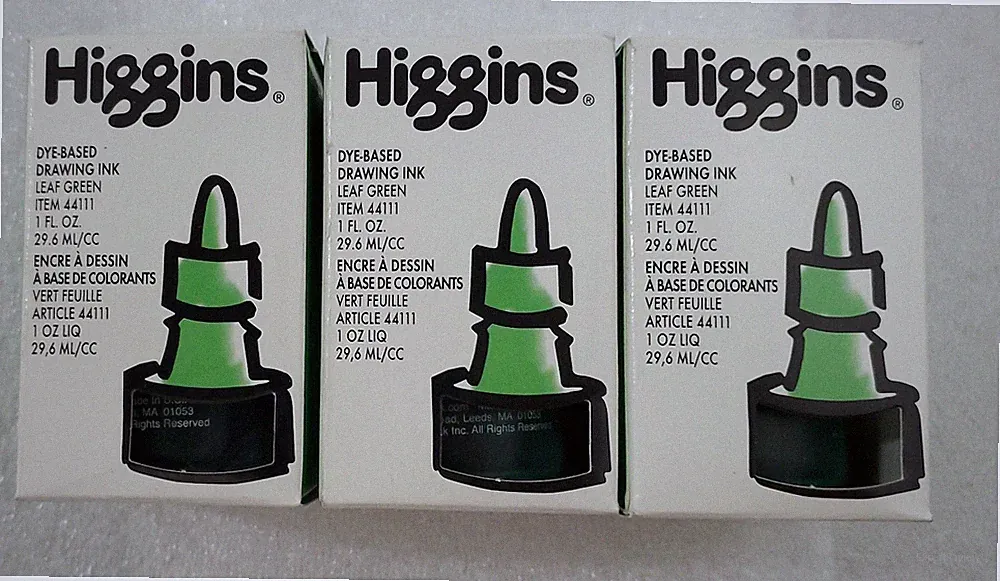 Lot of 3 Higgins DYE-BASED Drawing Ink LEAF GREEN Item # 44111. 1 FL.OZ. N.O.S.