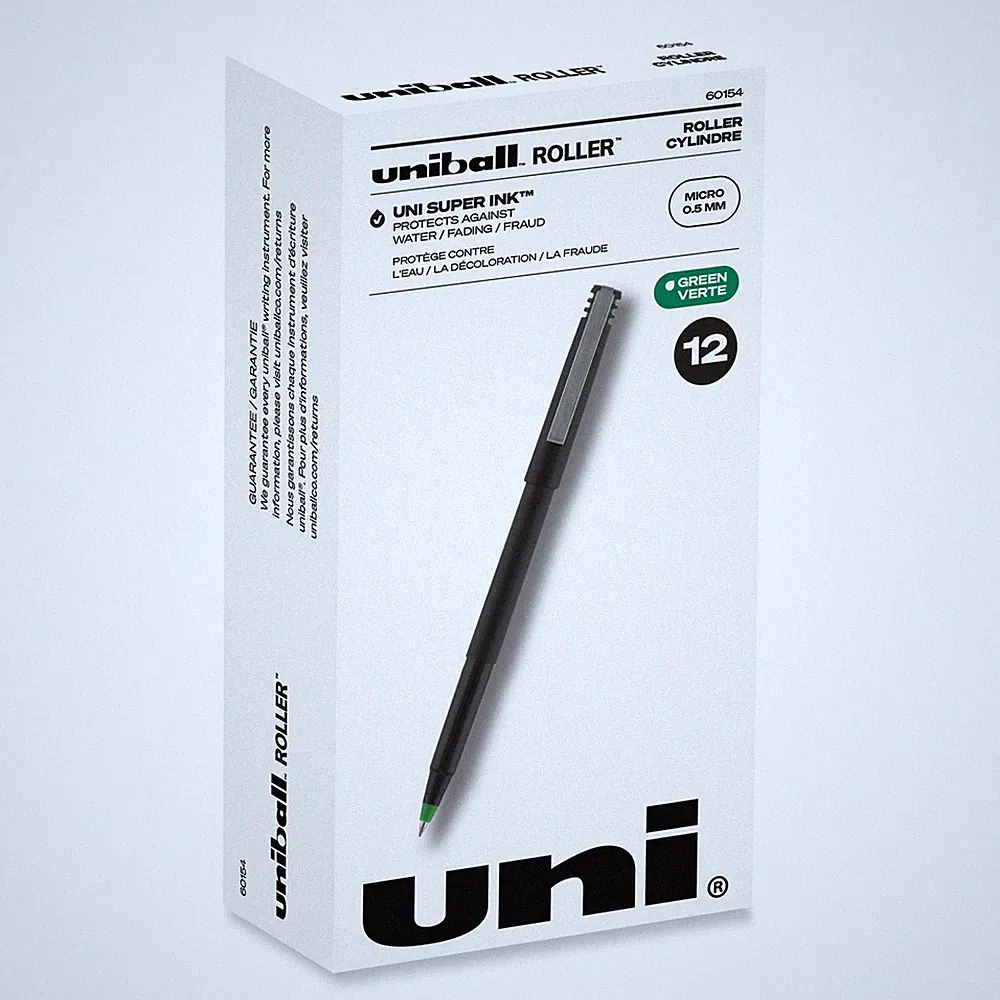 Roller Ball Stick Dye-Based Pen, Green Ink, Micro, Dozen