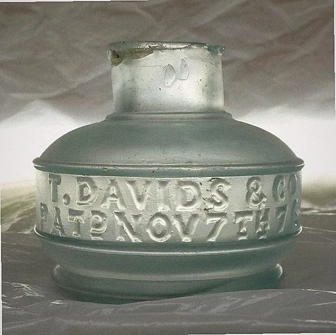 ROUND SQUAT INK BOTTLE-T. Davids-Patd. Nov. 7th, 1876-Thin Lip-Hand Blown-1870s