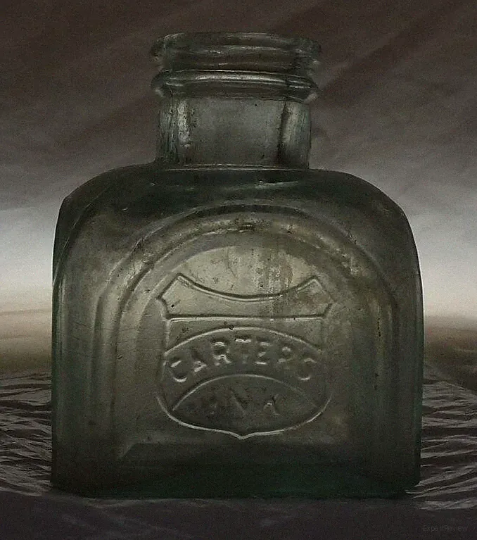 SQUARE INK BOTTLE-Carter's-Embossed Shield- Arched Panels-Hand Blown-1890s